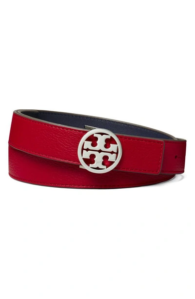 Shop Tory Burch Miller 1-inch Reversible Logo Belt In Tory Red/ Tory Navy/ Silver