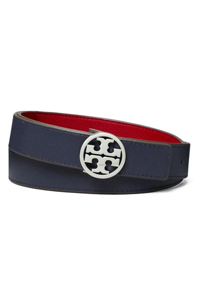 Shop Tory Burch Miller 1-inch Reversible Logo Belt In Tory Red/ Tory Navy/ Silver