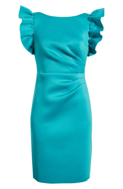 Shop Eliza J Ruffle Sleeve Satin Cocktail Sheath Dress In Turquoise