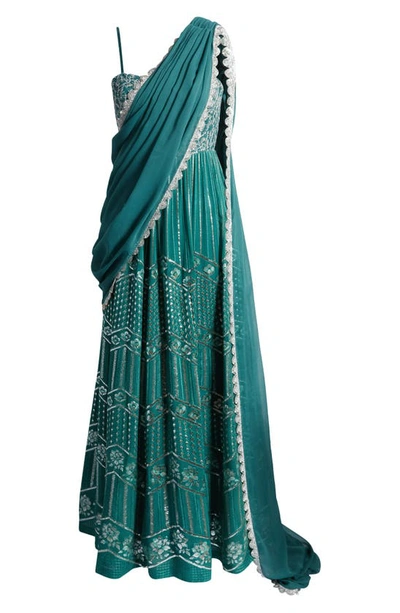 Shop Sani Anjali Metallic Embroidered Anarkali With Dupatta In Darker Green