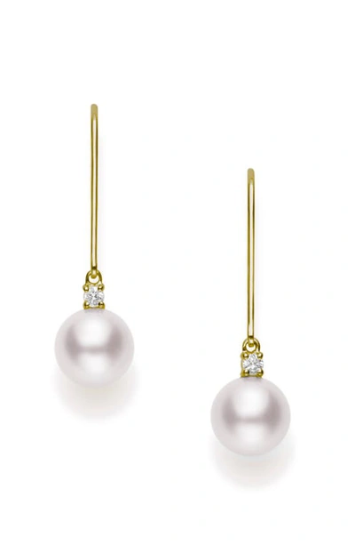Shop Mikimoto Akoya Pearl & Diamond Linear Earrings In Yellow Gold/ Diamond/ Pearl