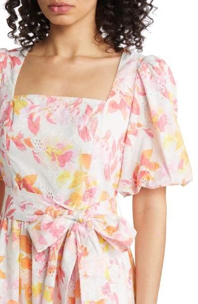Shop Eliza J Floral Print Puff Sleeve Eyelet Cotton Dress In Pink