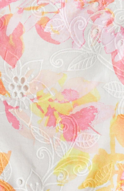 Shop Eliza J Floral Print Puff Sleeve Eyelet Cotton Dress In Pink