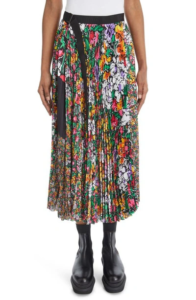 Shop Sacai Pleated Mixed Floral Print Skirt In Yellow/ White Multi