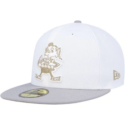 Shop New Era White/gray Cleveland Browns 75th Anniversary Gold Undervisor 59fifty Fitted Hat