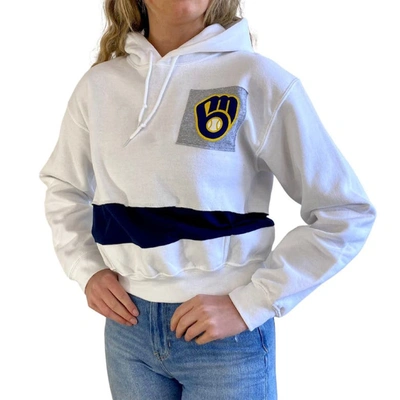 Shop Refried Apparel White/navy Milwaukee Brewers Cropped Pullover Hoodie