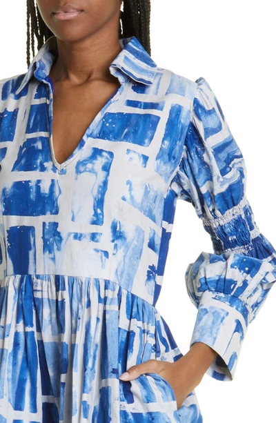 Shop Busayo Busola Long Sleeve Cotton Shirtdress In Blue/ White