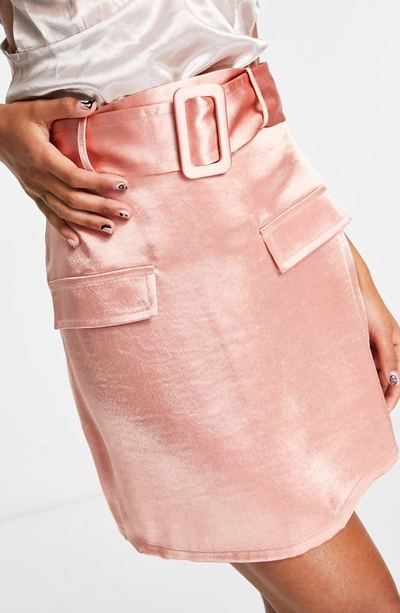 Shop Asos Design Satin Utility Miniskirt In Pink