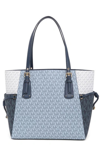 Shop Michael Michael Kors Voyager Coated Canvas Tote In Nvy/ Wht/ Pblu