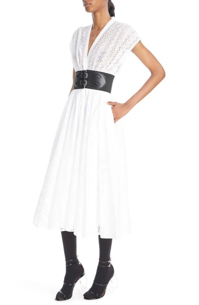 Shop Alaïa Eyelet Belted Midi Dress In Blanc