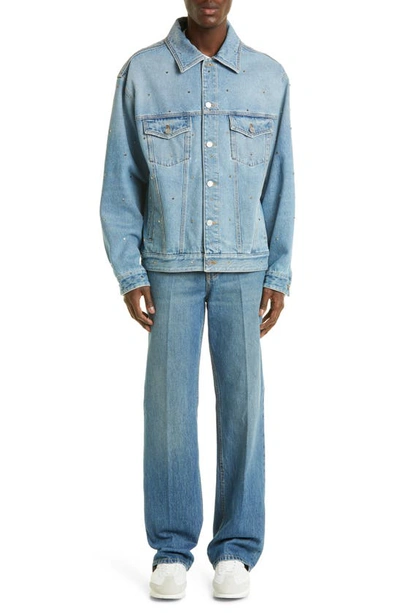 Shop Valentino Roman Stud Embellished Denim Jacket In 558-medium Blue Denim