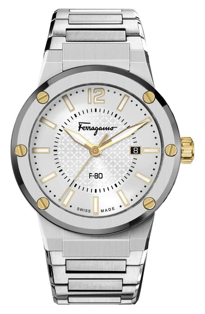 Shop Ferragamo F-80 Swiss Quartz Bracelet Watch, 44mm In Stainless Steel