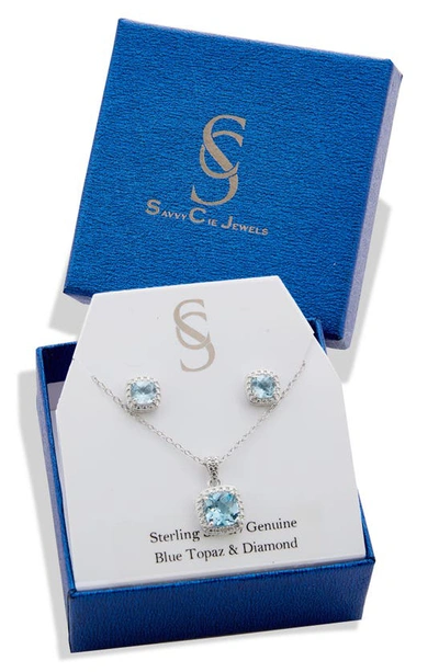 Savvy Cie Jewels Stone Pendant Necklace & Cushion Stud Earrings Box Set In Blue