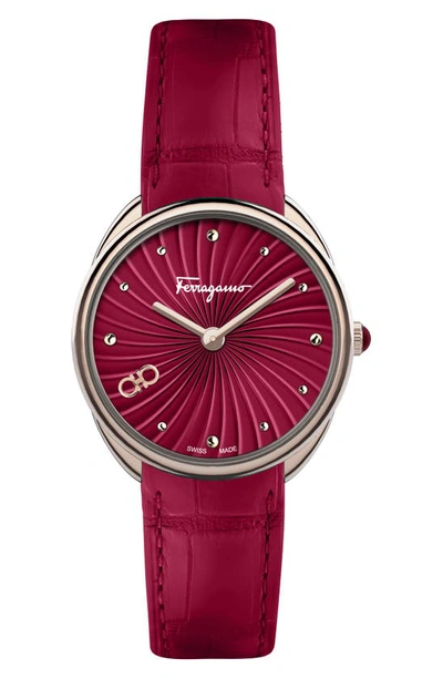 Shop Ferragamo Guilloché Dial Embossed Leather Strap Watch, 34mm In Rose Gold