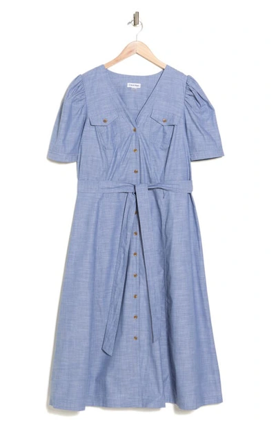 Shop Calvin Klein Short Sleeve Button Front Cotton Dress In Light Denim