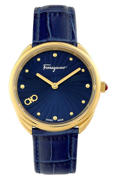 Shop Ferragamo 1898 Two-hand Quartz Croc Embossed Leather Strap Watch, 34mm In Gold