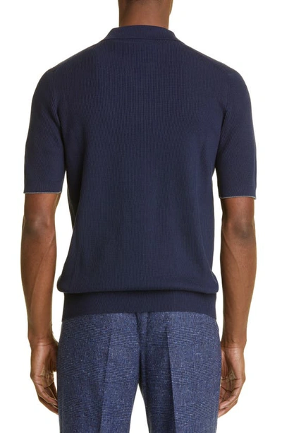 Shop Brunello Cucinelli Short Sleeve Cotton Polo Sweater In Ca058 Dark Blue
