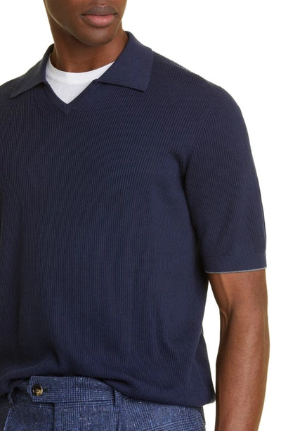 Shop Brunello Cucinelli Short Sleeve Cotton Polo Sweater In Ca058 Dark Blue