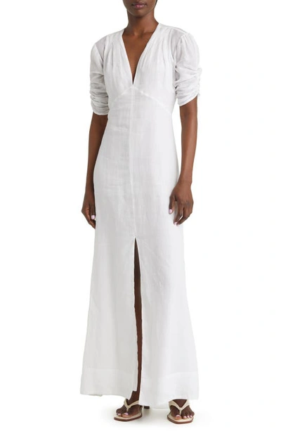 Shop Frame Shirred Ramie Maxi Dress In Blanc