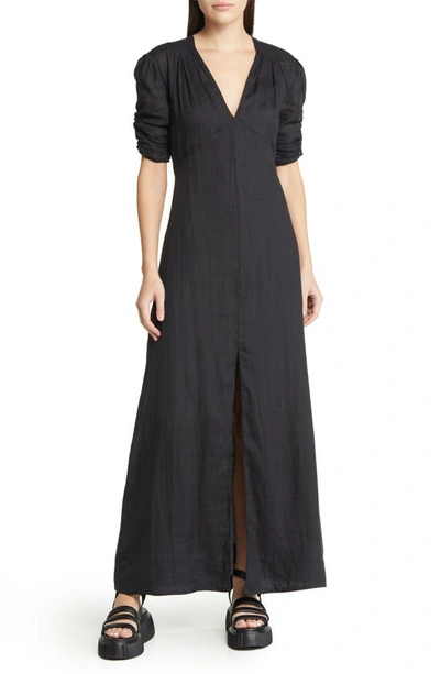 Shop Frame Shirred Ramie Maxi Dress In Noir
