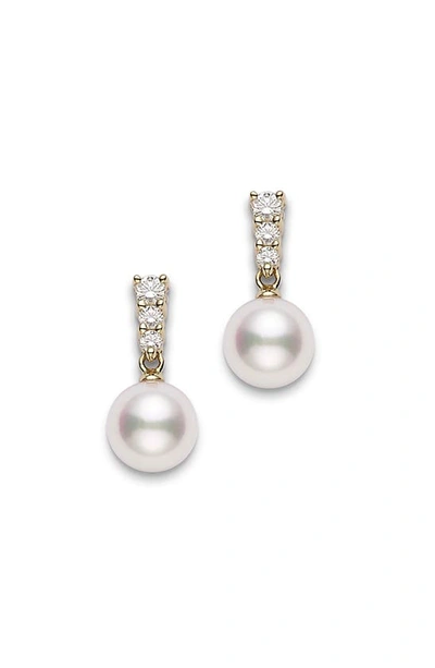 Shop Mikimoto Morning Dew Diamond & Akoya Pearl Earrings In Yellow Gold/ Diamond/ Pearl