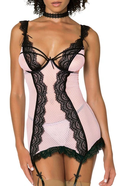 Shop Dreamgirl Lace Trim Underwire Basque With Garter Straps & G-string Thong In Pink/black