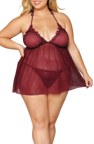 Shop Dreamgirl Lace Trim Mesh Babydoll Chemise & G-string Thong In Burgundy