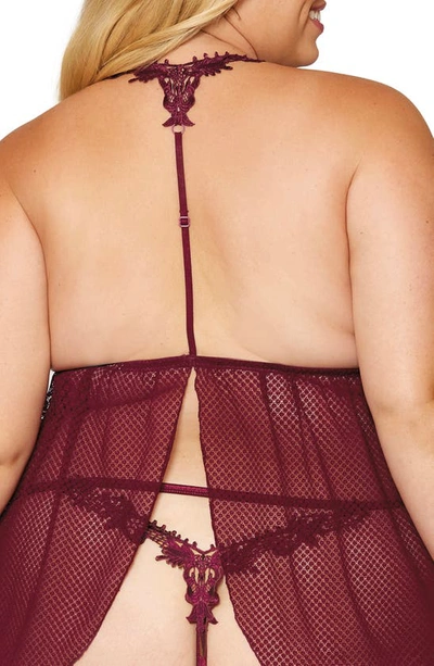 Shop Dreamgirl Lace Trim Mesh Babydoll Chemise & G-string Thong In Burgundy