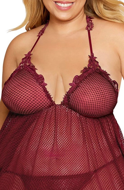 Shop Dreamgirl Lace Trim Mesh Babydoll Chemise & G-string Thong In Burgundy