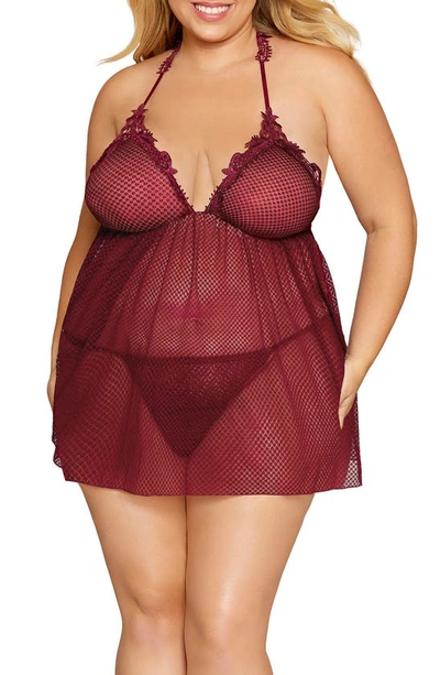 Shop Dreamgirl Lace Trim Mesh Babydoll Chemise & G-string Thong In Burgundy