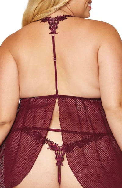 Shop Dreamgirl Lace Trim Mesh Babydoll Chemise & G-string Thong In Burgundy