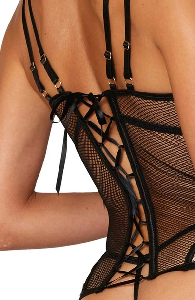 Dreamgirl Embroidered Mesh Underwire Bustier & G-string Thong In Black/animal