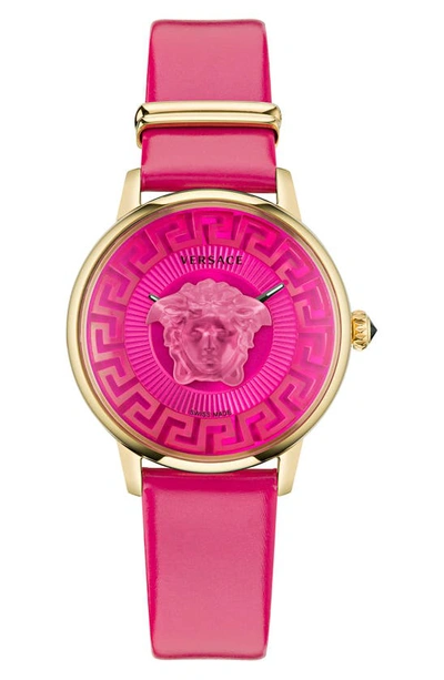 Shop Versace Medusa Alchemy Leather Strap Watch, 38mm In Pink/ Ip Yellow Gold