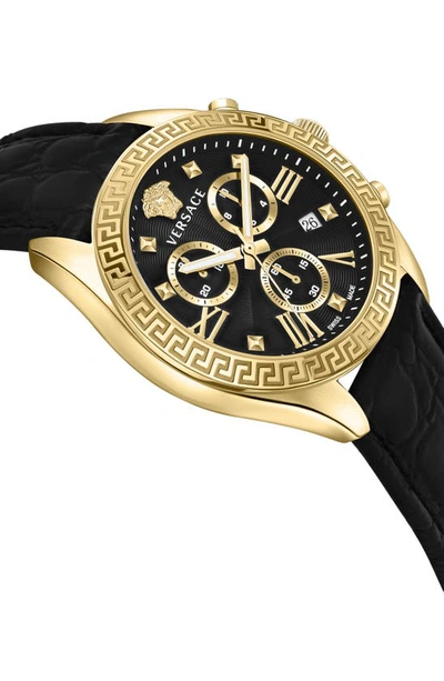 Shop Versace Greca Chronograph Leather Strap Watch, 40mm In Ip Yellow Gold