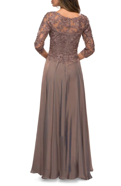 Shop La Femme Lace Bodice Chiffon A-line Gown In Cocoa