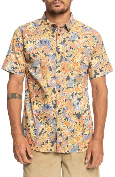 Shop Quiksilver Surfadelica Floral Short Sleeve Hemp & Cotton Button-up Shirt In Dark Slate