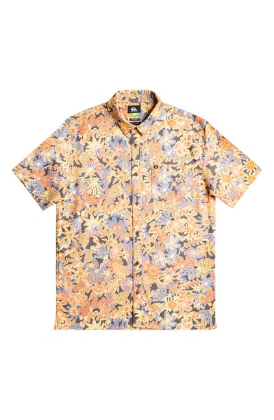 Shop Quiksilver Surfadelica Floral Short Sleeve Hemp & Cotton Button-up Shirt In Dark Slate