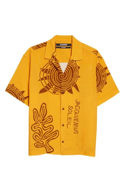 Shop Jacquemus La Chemise Jean Painted Flower Bowling Shirt In Orange Arty Sun