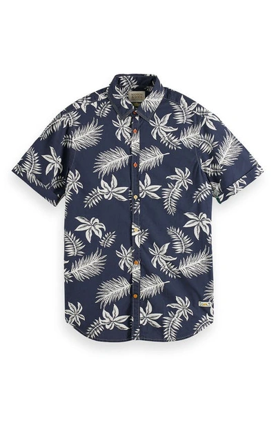 Shop Scotch & Soda Trim Fit Floral Print Short Sleeve Button-up Shirt In 5818-navy Leaf
