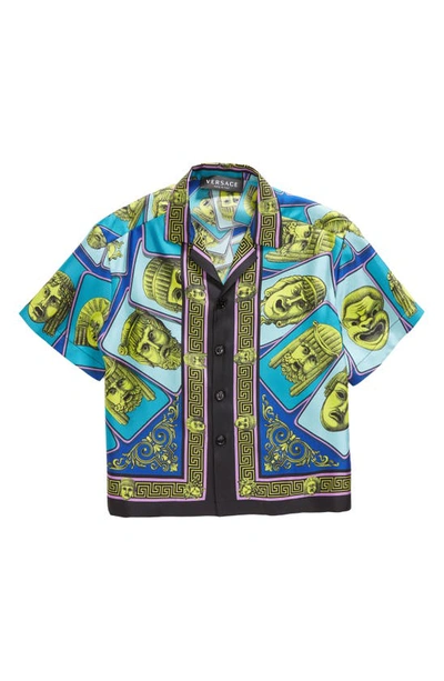 Shop Versace Kids' Le Maschere Print Short Sleeve Silk Shirt In Acid Green Teal