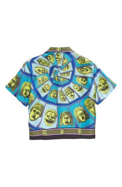 Versace Kids' Le Maschere Print Short Sleeve Silk Shirt In Acid Green Teal