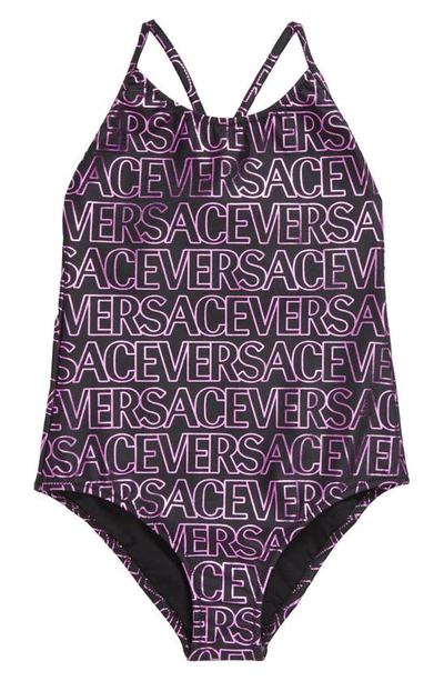 Shop Versace Kids' Logo One-piece Swimsuit In Black Tropical Pink