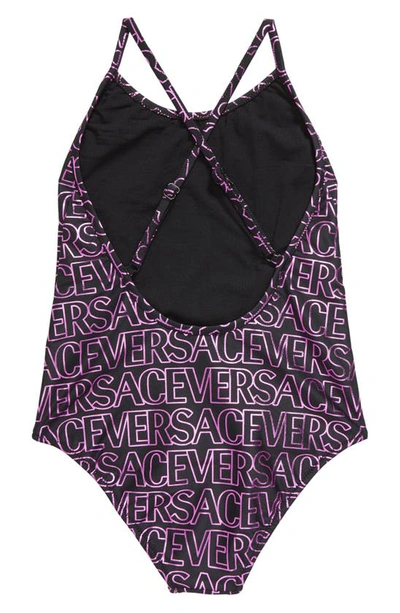 Versace Logo Print Tech Onepiece Swimsuit In Black Tropical Pink
