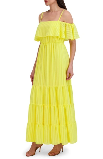 Shop Julia Jordan Stripe Cold Shoulder Tiered Maxi Dress In Yellow