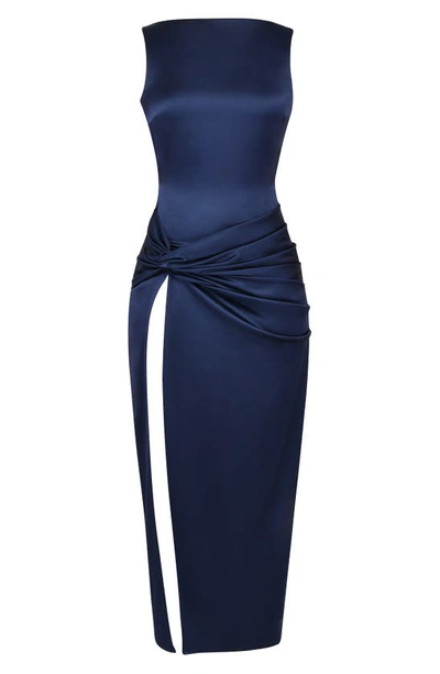 House Of Cb Slit Satin Maxi Dress In Navy