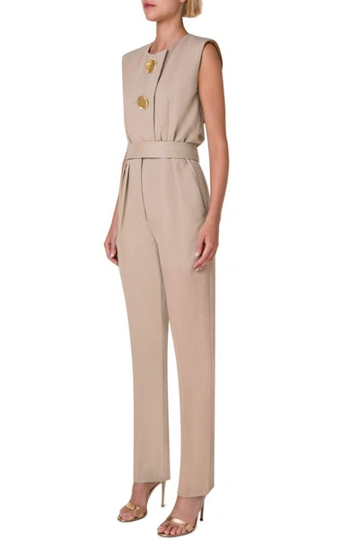 Shop Akris Sleeveless Belted Silk Blend Twill Jumpsuit In Sand