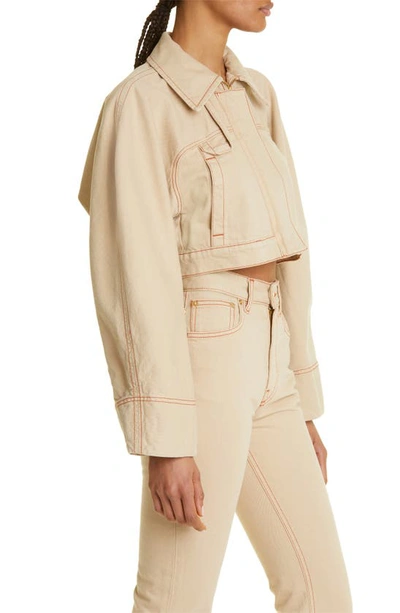 Shop Jacquemus Nimes Meio Organic Cotton Denim Crop Jacket In 15b Beige/ Terracotta