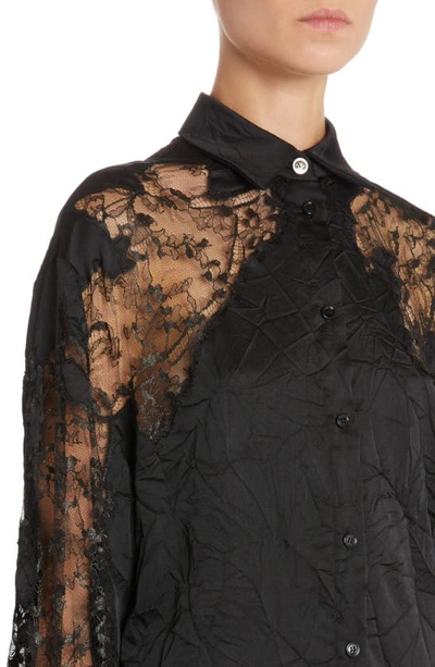 Shop Versace Rumpled Satin & Lace Button-up Shirt In Black