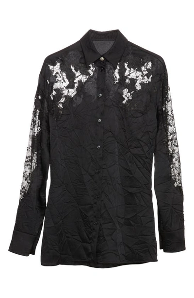 Shop Versace Rumpled Satin & Lace Button-up Shirt In Black