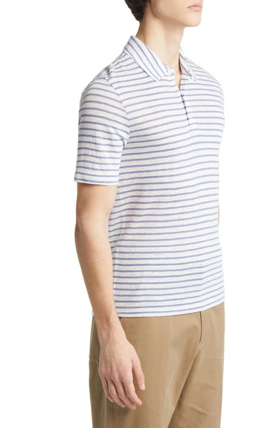 Shop Vince Stripe Short Sleeve Linen Polo In Off White/rivera